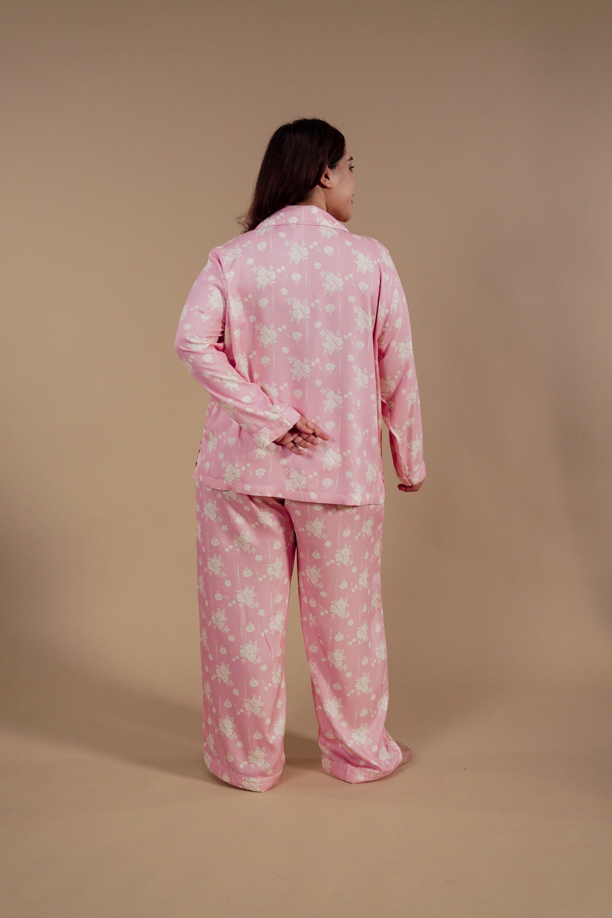 Pink Blossom Floral Printed Viscose Twill Women's Curve Pajama Set - Full Sleeves
