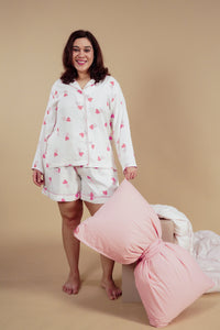 Amy Heart Printed Viscose Twill Women's Curve Shorts Set - Full Sleeves