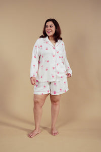 Amy Heart Printed Viscose Twill Women's Curve Shorts Set - Full Sleeves