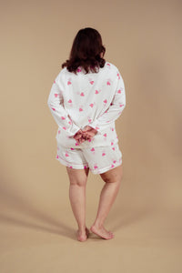 Amy Heart Printed Viscose Twill Women's Curve Shorts Set - Full Sleeves