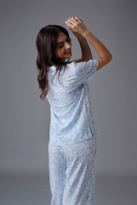 Bella Blue Printed Cotton Blend Women's Pajama Set - Half Sleeves
