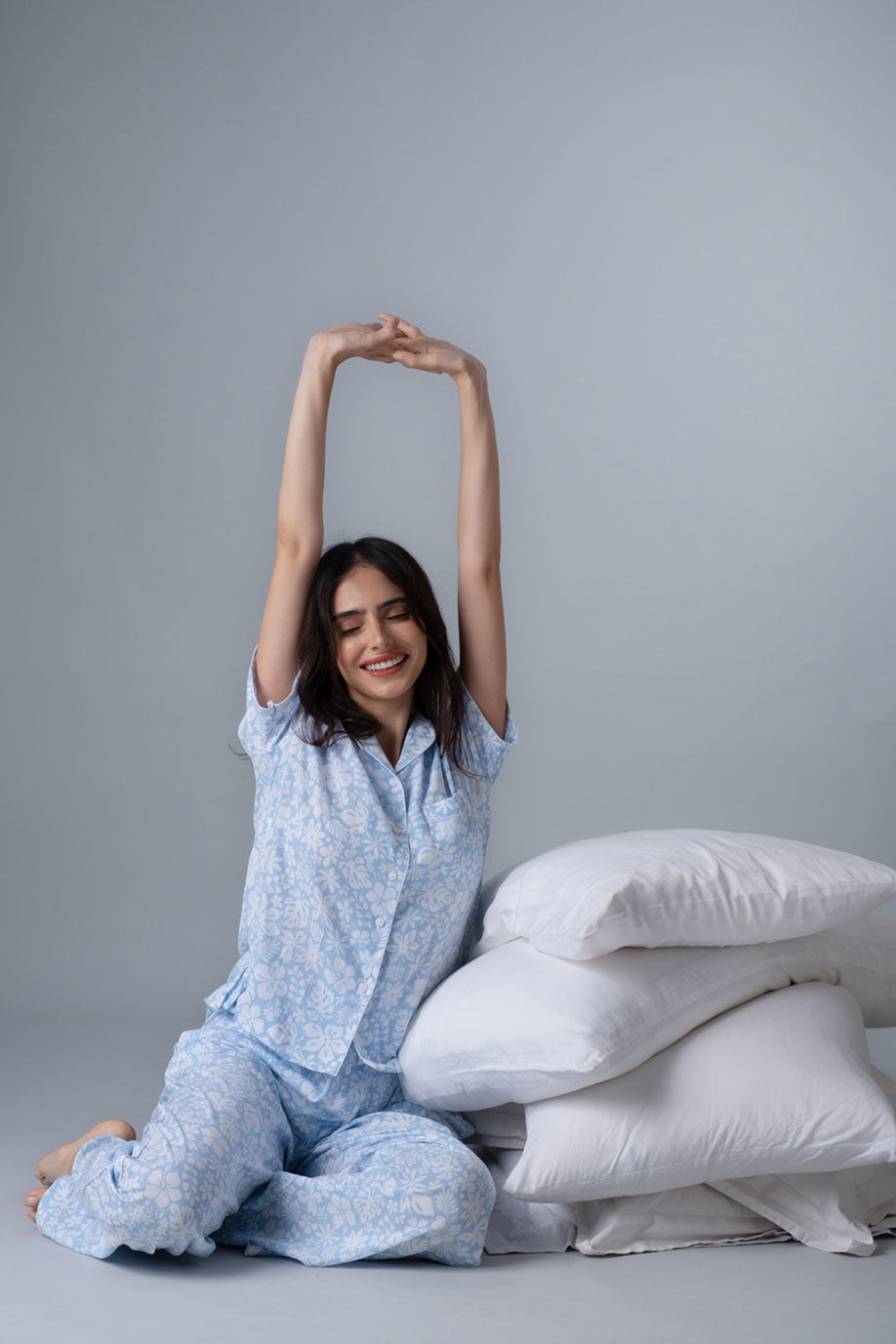 Bella Blue Printed Cotton Blend Women's Pajama Set - Half Sleeves