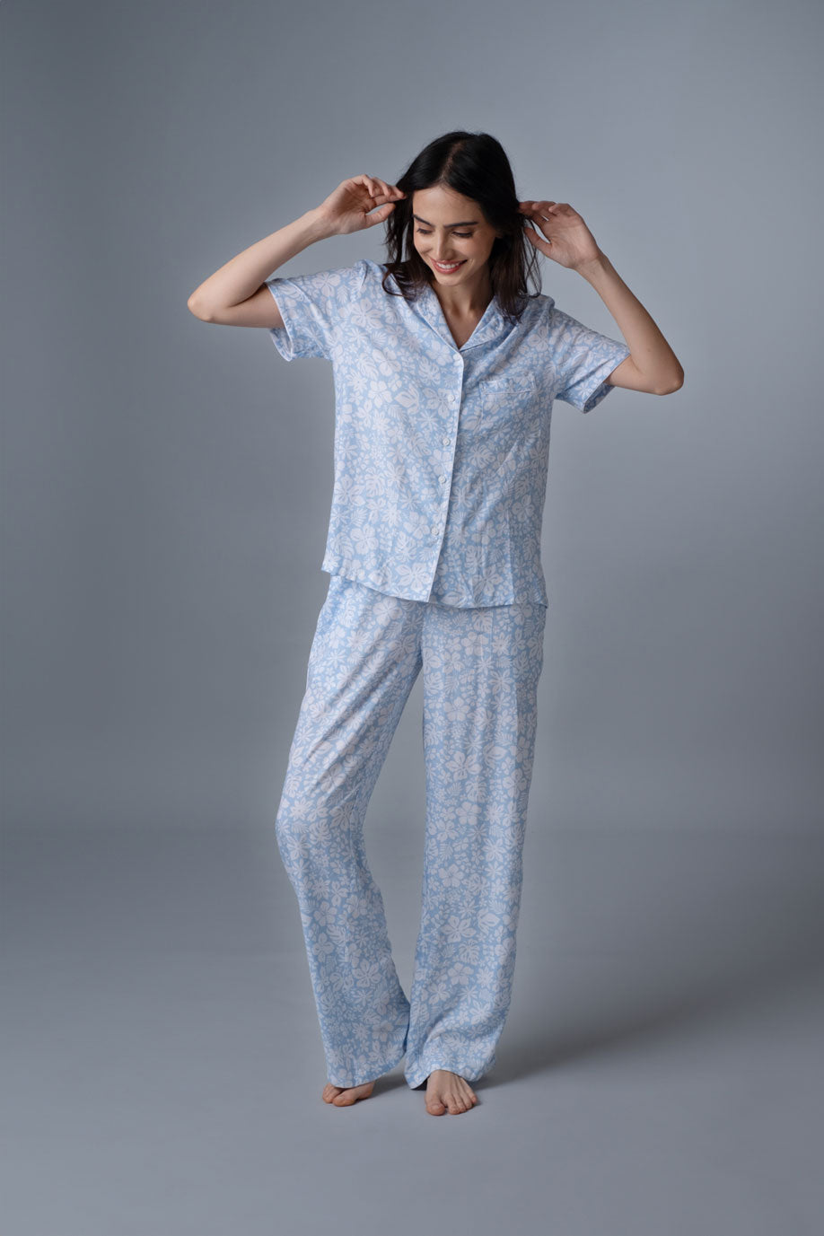 Bella Blue Printed Cotton Blend Women's Pajama Set - Half Sleeves