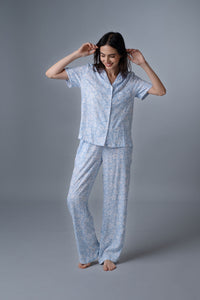 Bella Blue Printed Cotton Blend Women's Pajama Set - Half Sleeves