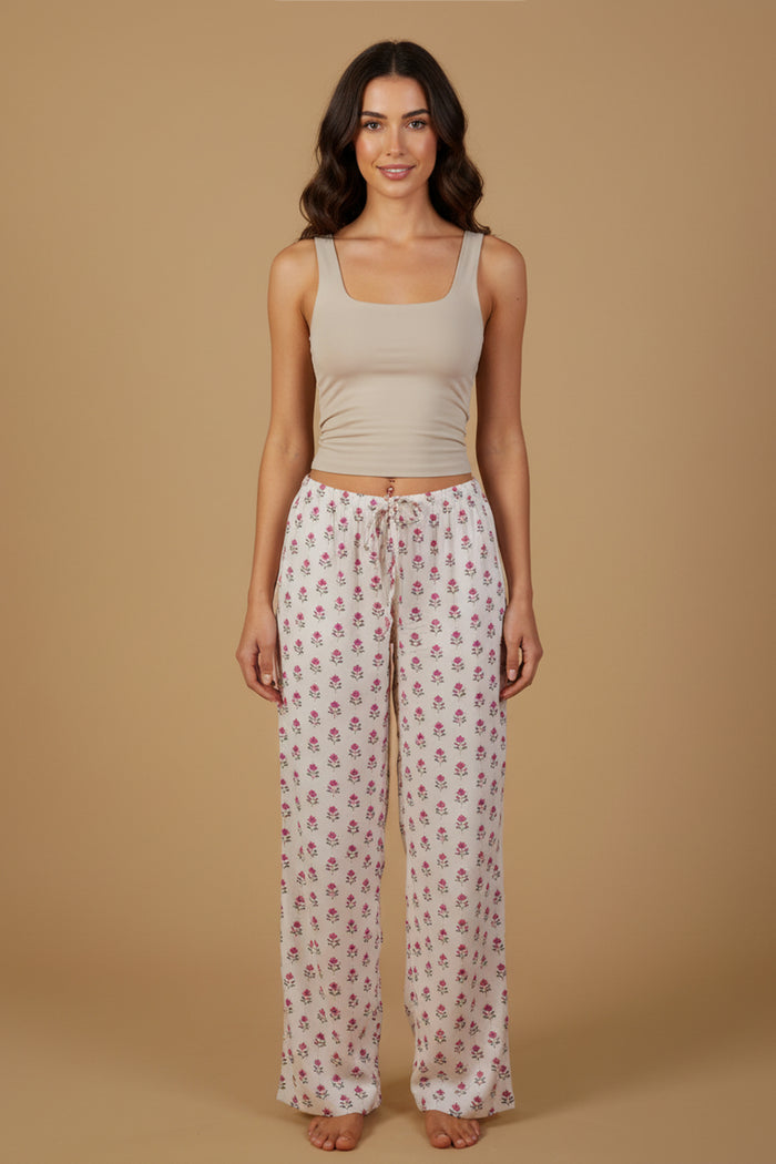 Aira White Floral Printed Viscose Women's Pajama