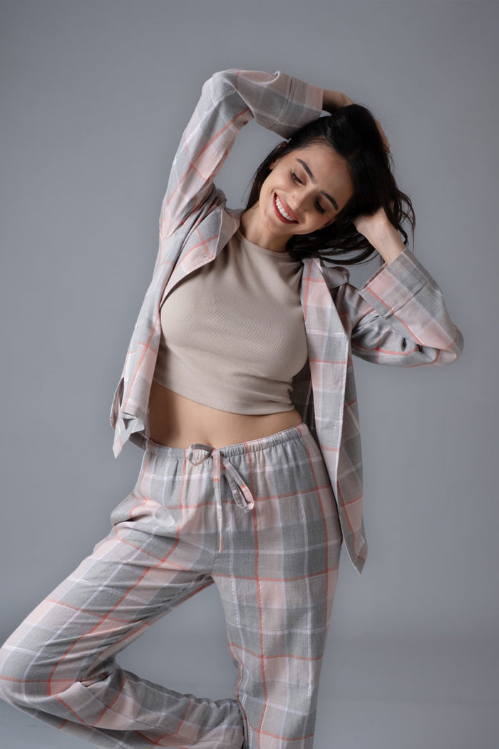 Winter Dusk Lurex Check Cotton Women's Pajama Set - Full Sleeves