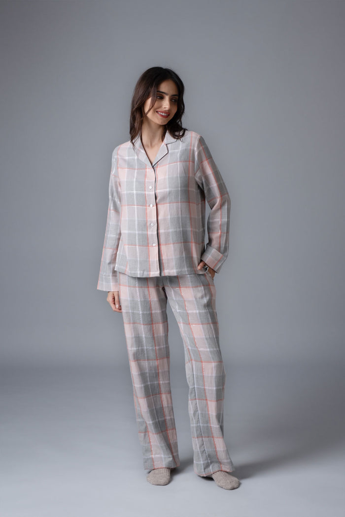 Winter Dusk Lurex Check Cotton Women's Pajama Set - Full Sleeves
