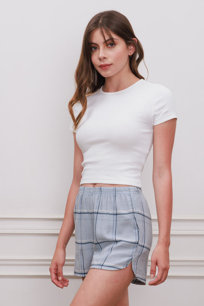 Blue Plaid Cotton Women's Shorts