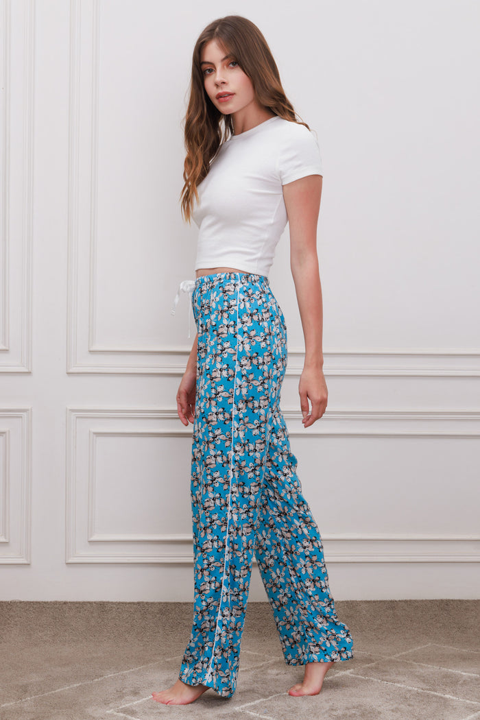 Blue Floral Cotton Blend Women's Pajama