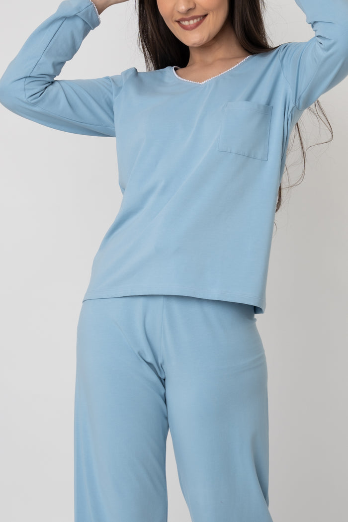 Sky Blue Cotton Knitted Women's Pajama Set