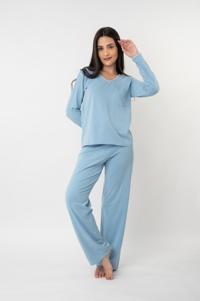 Sky Blue Cotton Knitted Women's Pajama Set