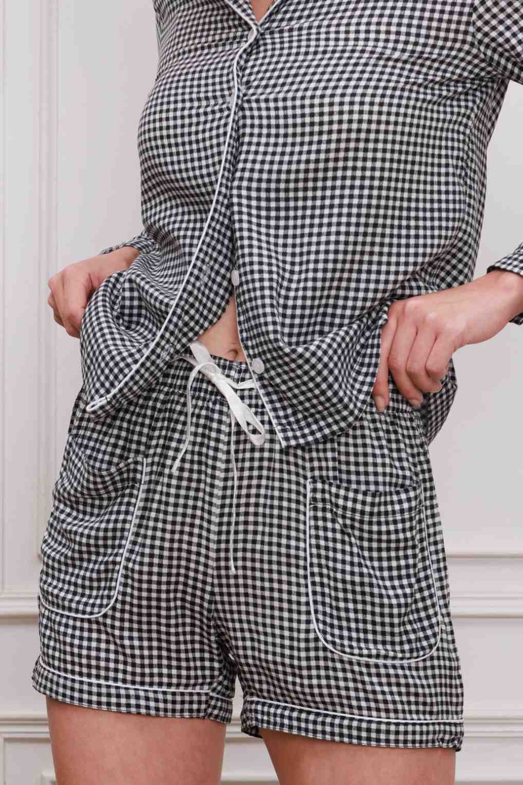 Black & White Gingham Check Cotton Women's Shorts Set
