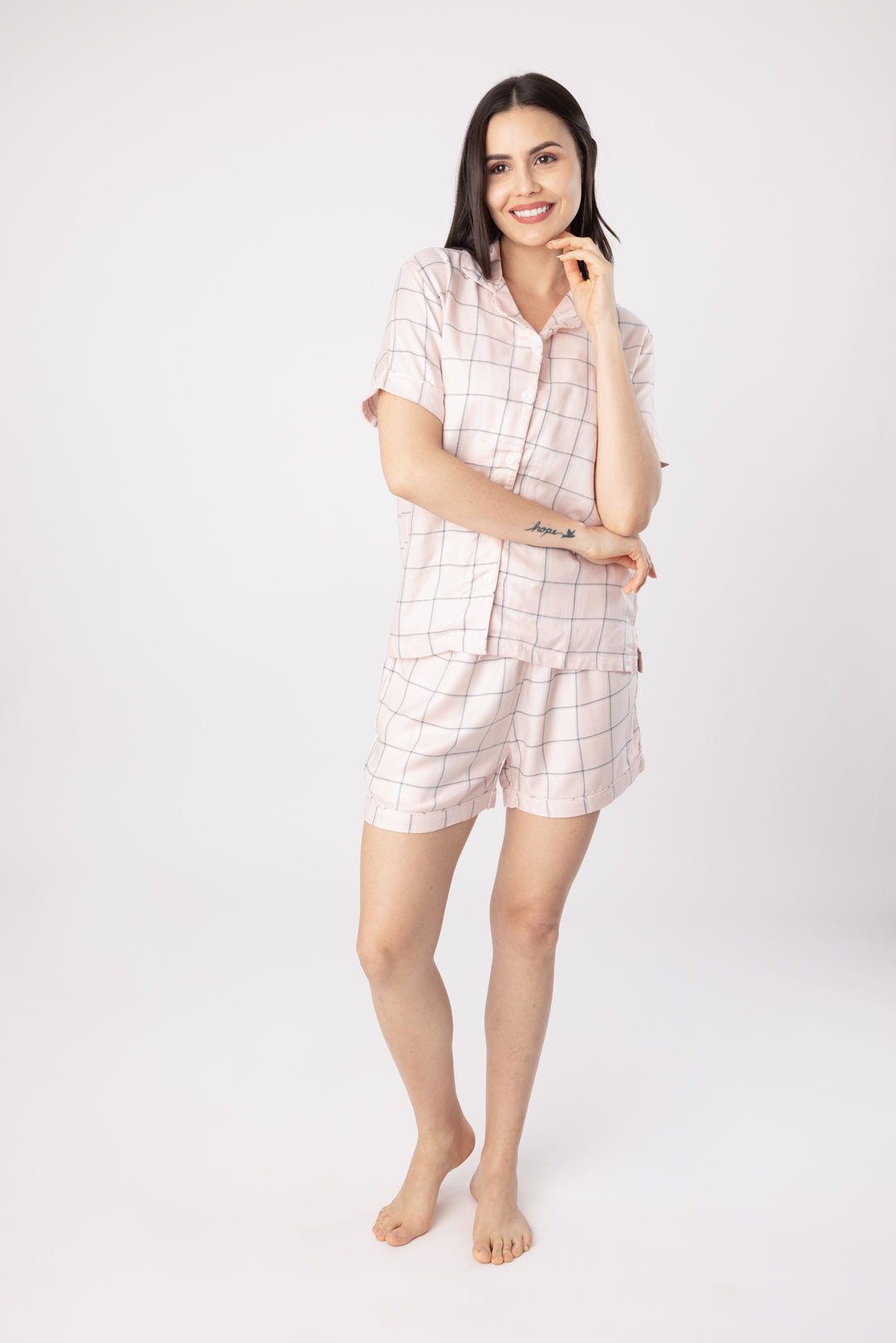 Summer Pink Checked Cotton Lurex Women's Shorts Set