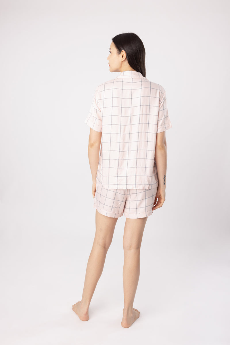 Summer Pink Checked Cotton Lurex Women's Shorts Set