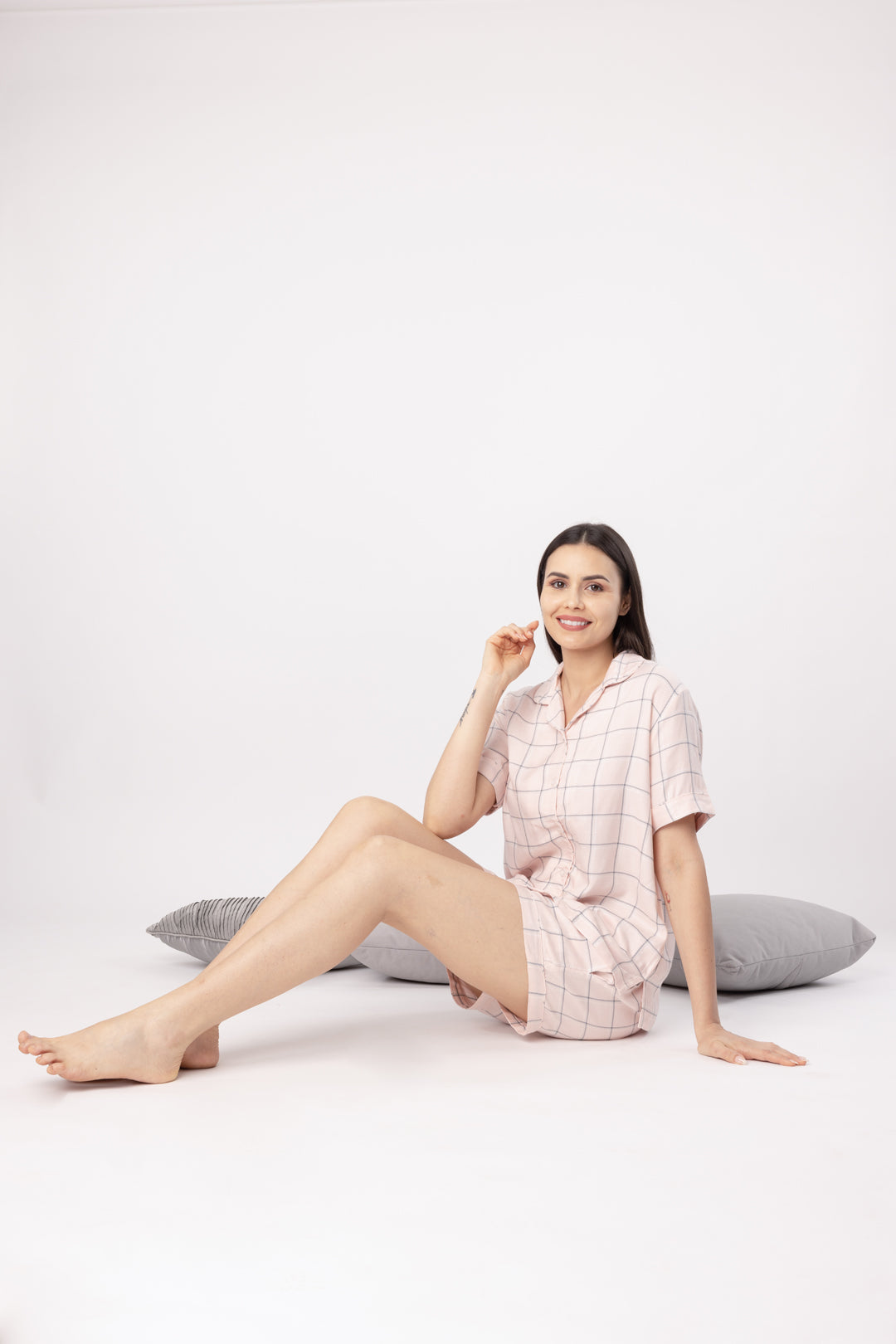 Summer Pink Checked Cotton Lurex Women's Shorts Set