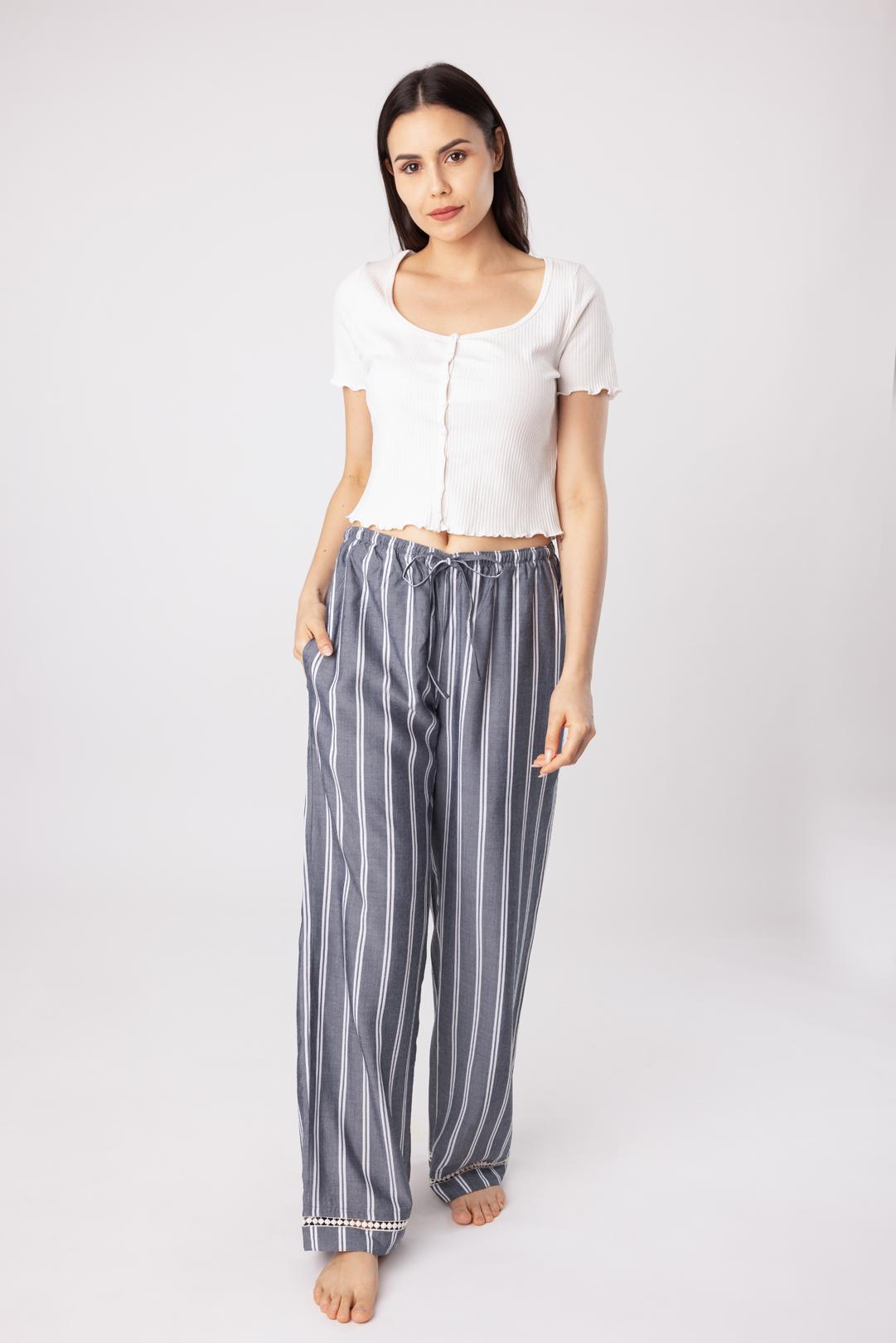 Sunday striped Grey Cotton Women's Pajama