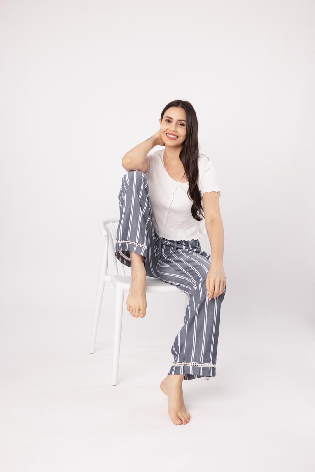 Sunday striped Grey Cotton Women's Pajama