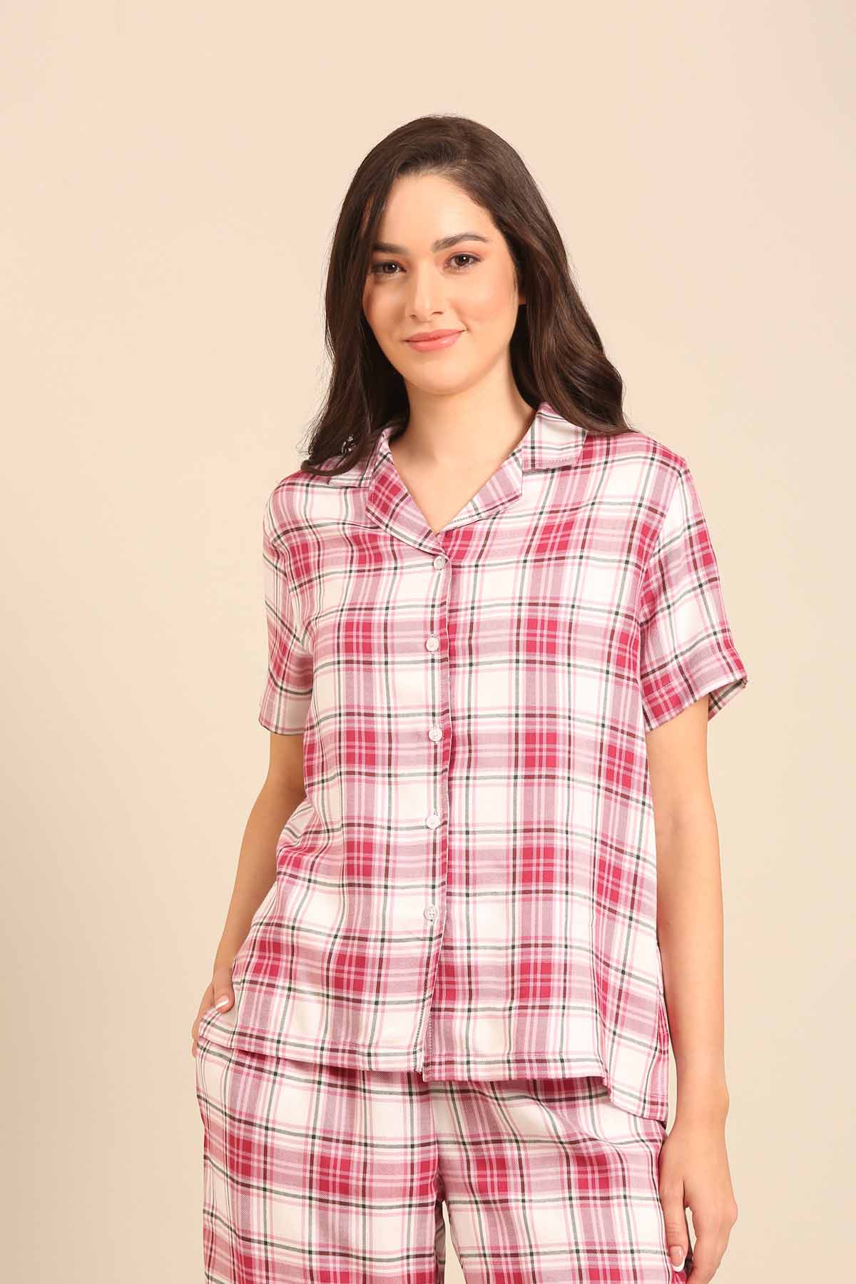Nina Check Viscose Twill Women's Shirt - Half Sleeves
