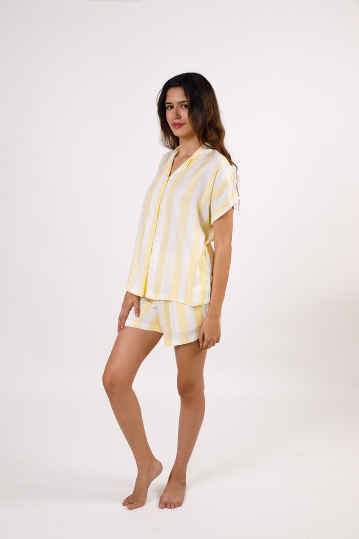 Sunkissed Yellow Striped Cotton Lurex Women's Shorts Set - Short Sleeves