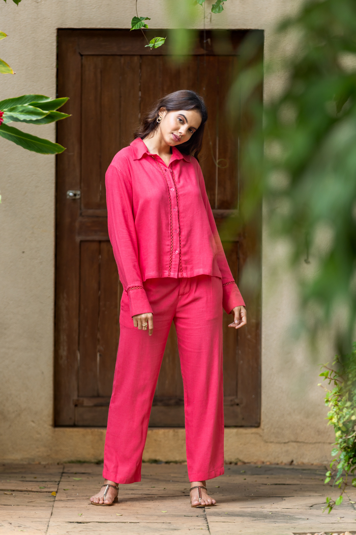 Ruby Pink Linen Women's Lounge Pant Set