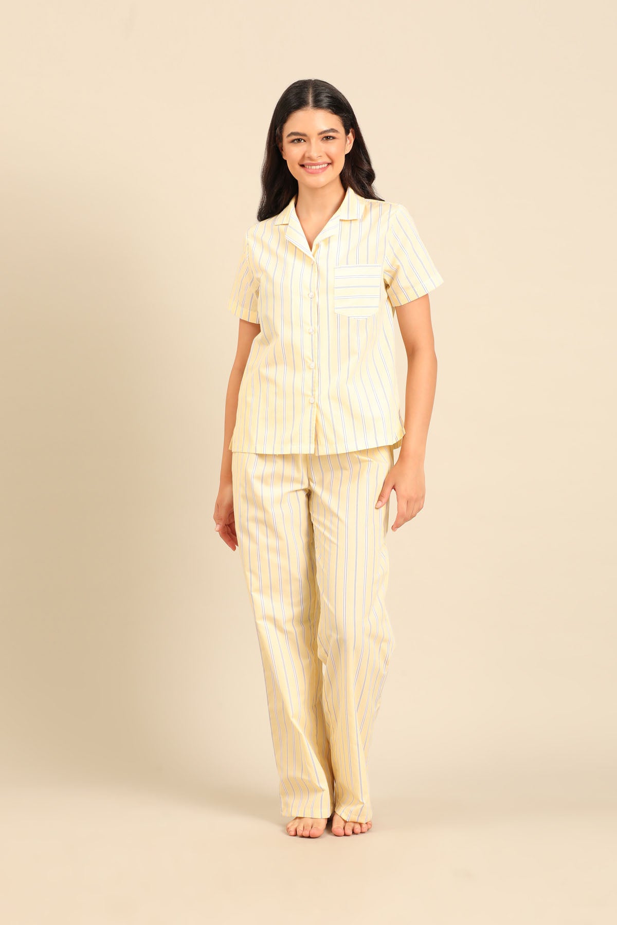 Butter Yellow Stripe Cotton Blend Women's Pajama Set - Half Sleeves