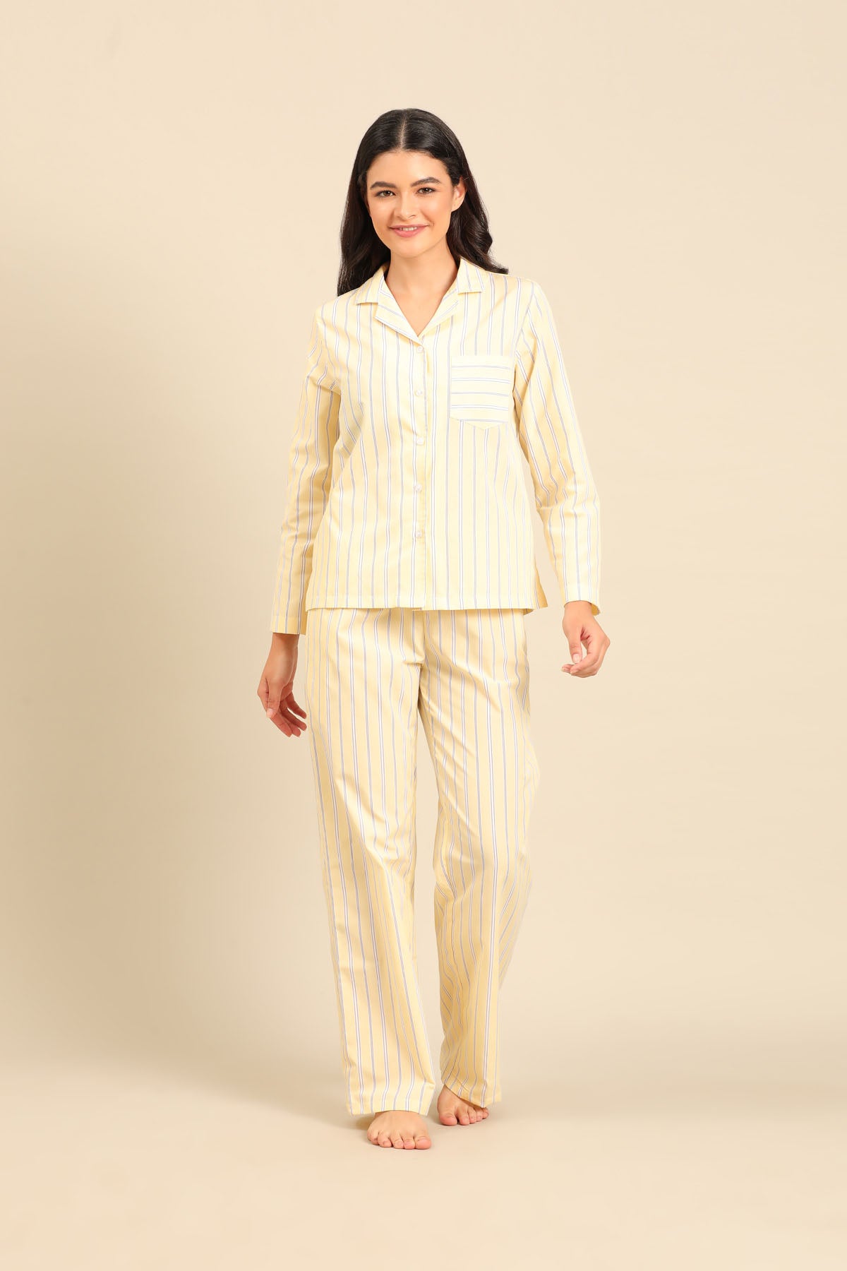 Butter Yellow Stripe Cotton Blend Women's Pajama Set - Full Sleeves