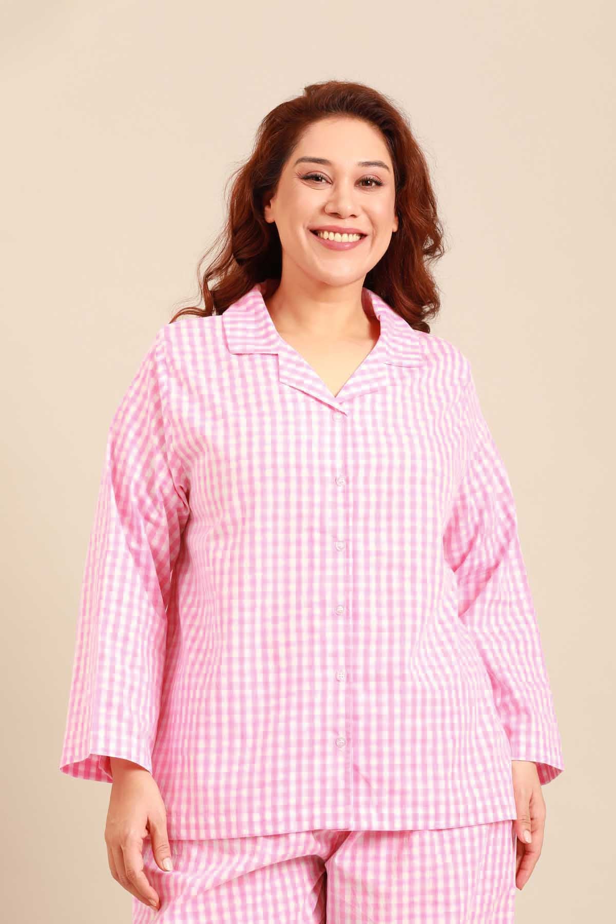 Stella Gingham Check Cotton Women's Curve Shirt Only - Full Sleeves