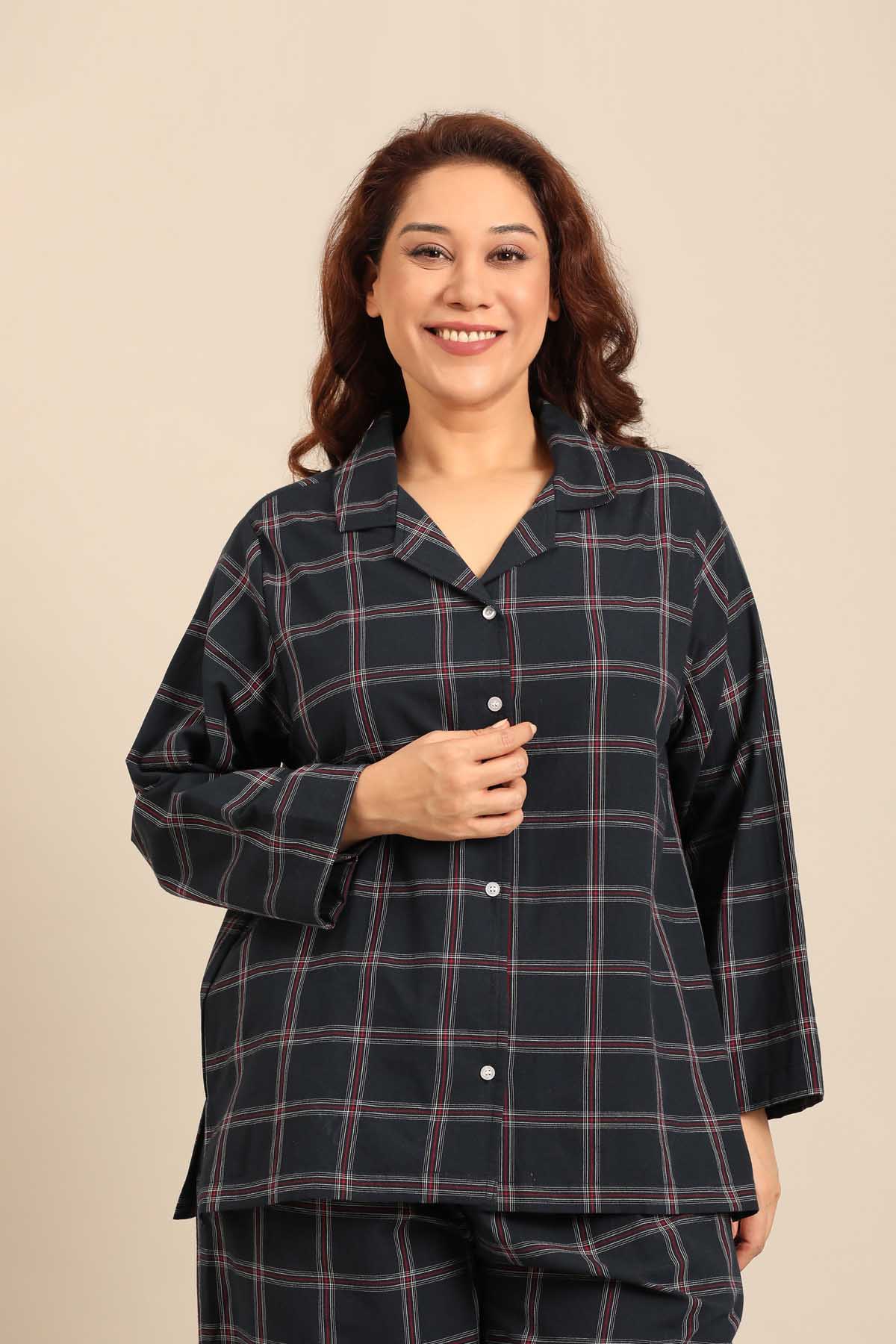 Amelia Check Cotton Blend Women's Curve Shirt Only - Full Sleeves