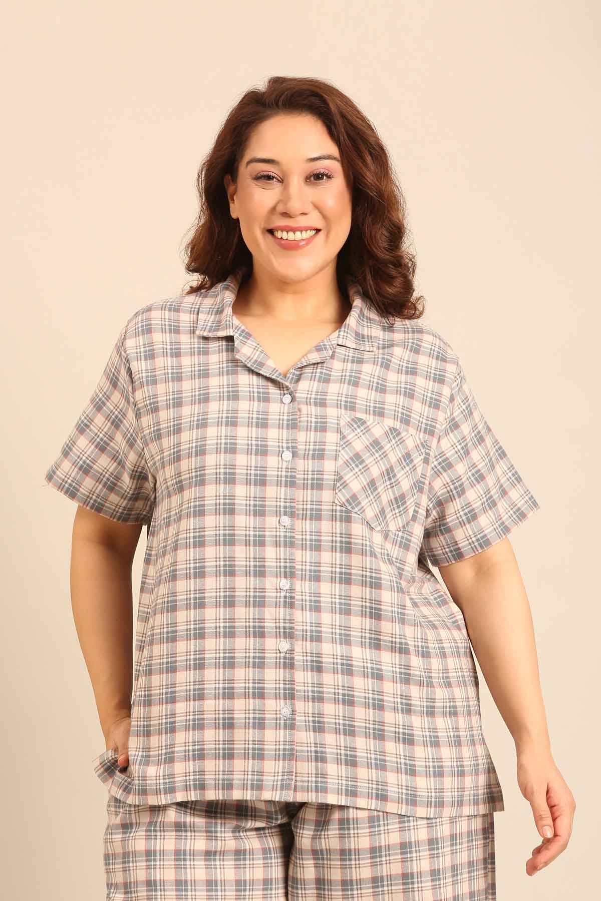 Beige Plaid Cotton Women's Curve Shirt Only - Half Sleeves