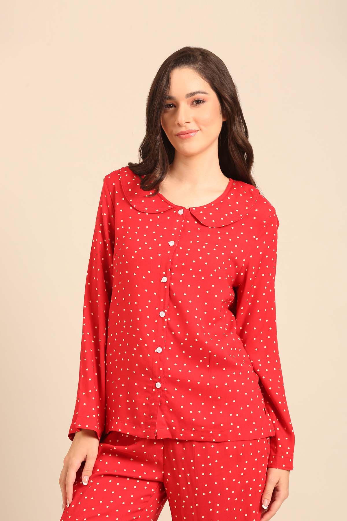 Minnie Polka Viscose Women's Pajama Set - Peter Pan Collar