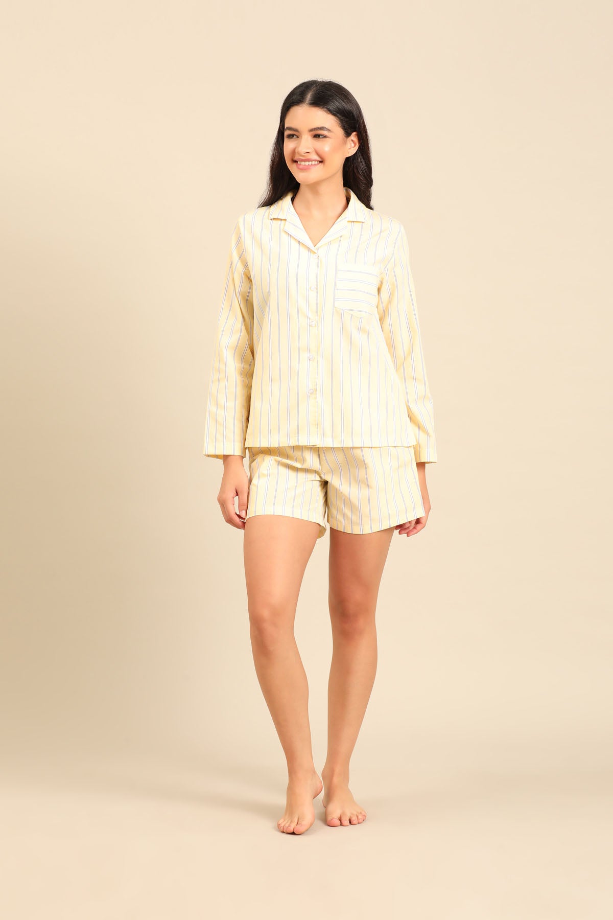Butter Yellow Stripe Cotton Blend Women's Shorts Set - Full Sleeves
