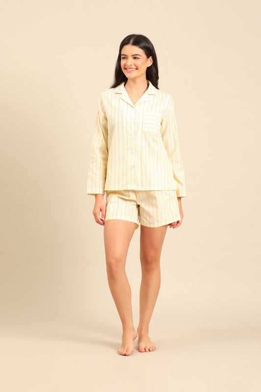 Butter Yellow Stripe Cotton Blend Women's Shorts Set - Full Sleeves