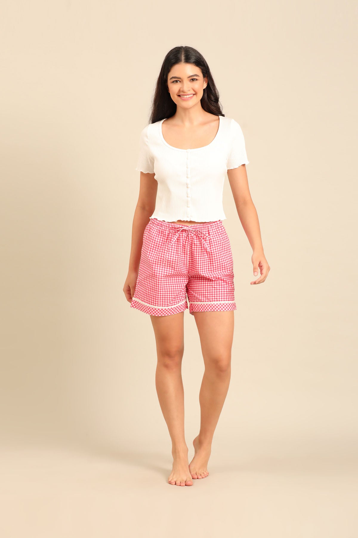 Red Gingham Check Cotton Blend Women's Shorts Only
