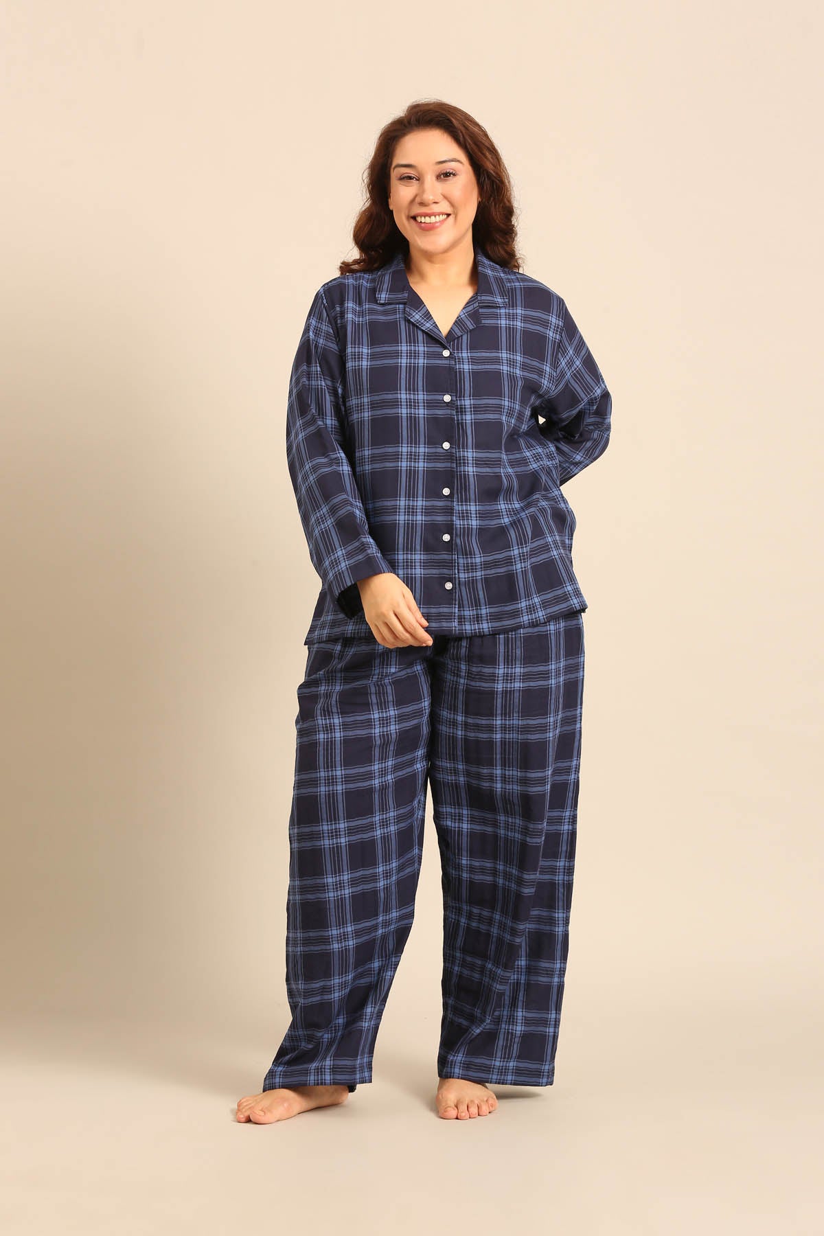 Vienna Check Cotton Women's Curve Pajama Set - Full Sleeves