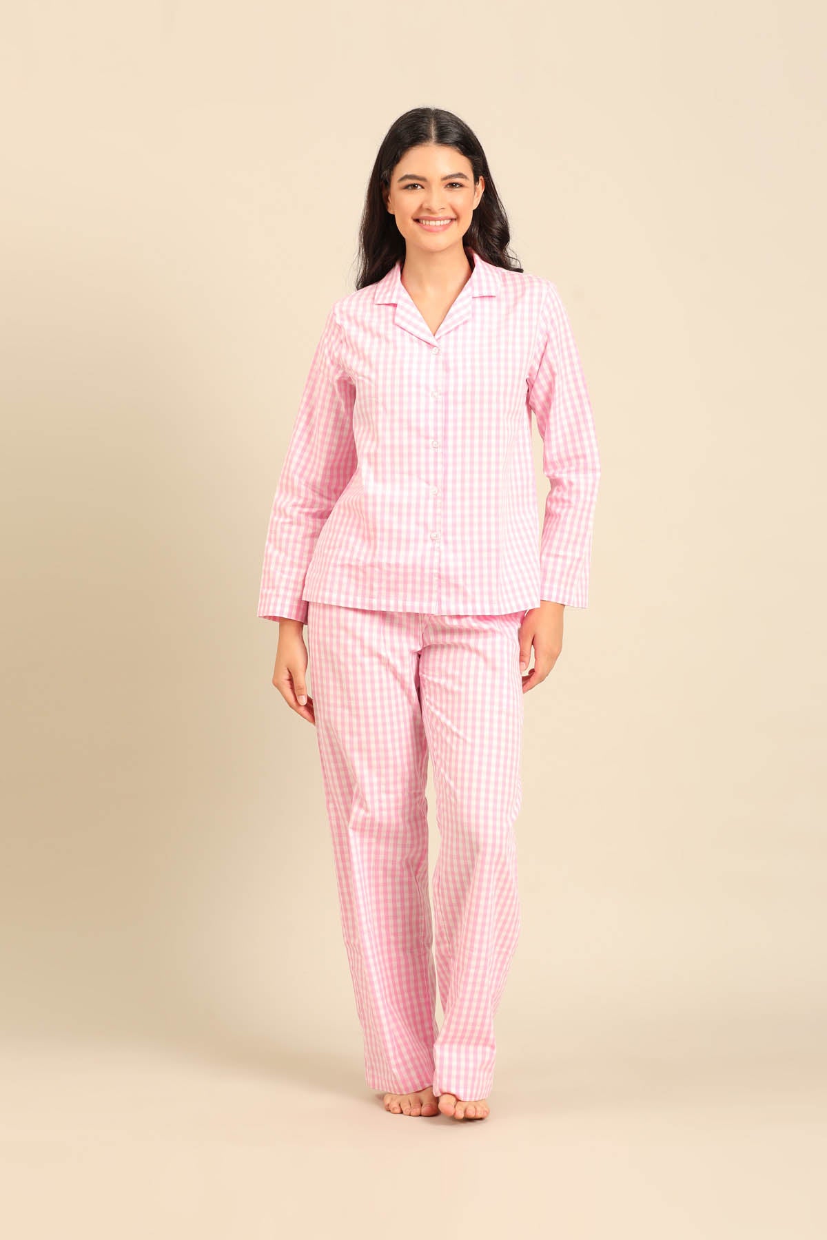 Stella Gingham Check Cotton Women's Pajama Set - Full Sleeves
