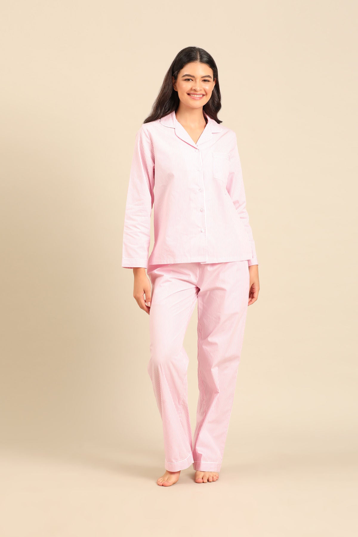 Bianca Pink Pinstripe Cotton Women's Pajama Set - Full Sleeves