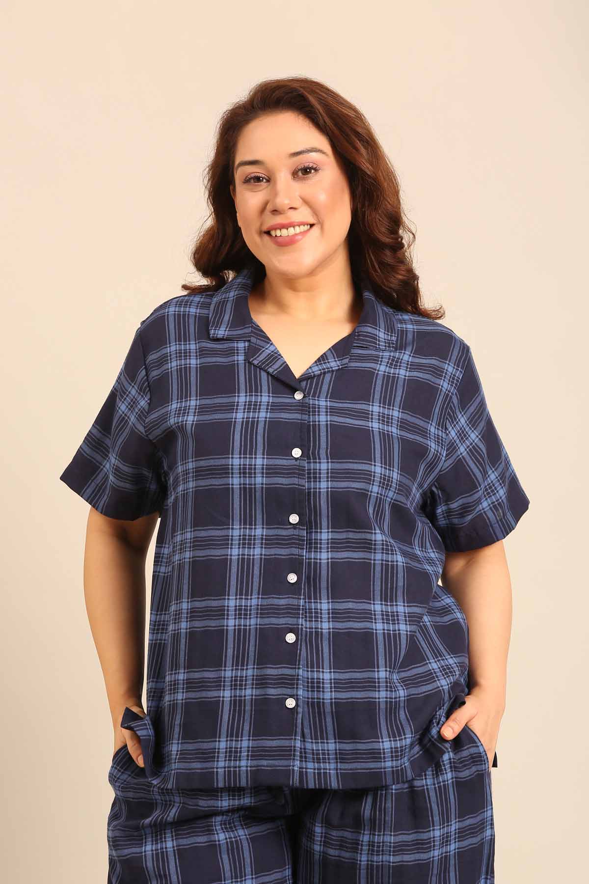 Vienna Check Cotton Women's Curve Pajama Set - Half Sleeves