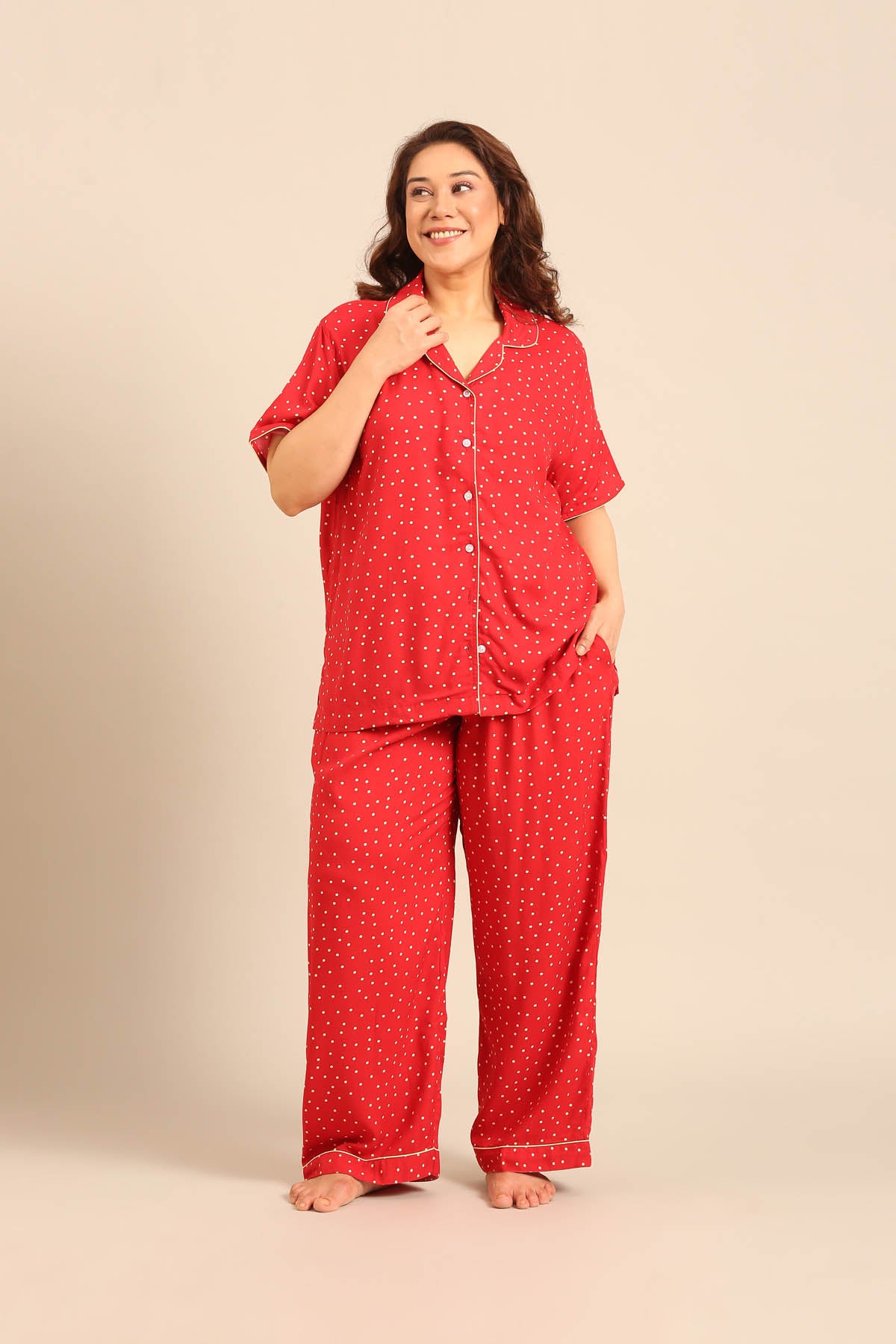 Minnie Polka Viscose Women's Curve Pajama Set - Half Sleeves
