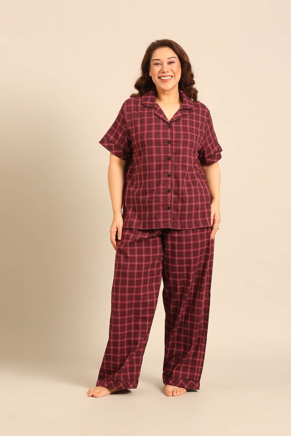 Veronica Plaid Cotton Women's Cotton Curve Pajama Set - Half Sleeves