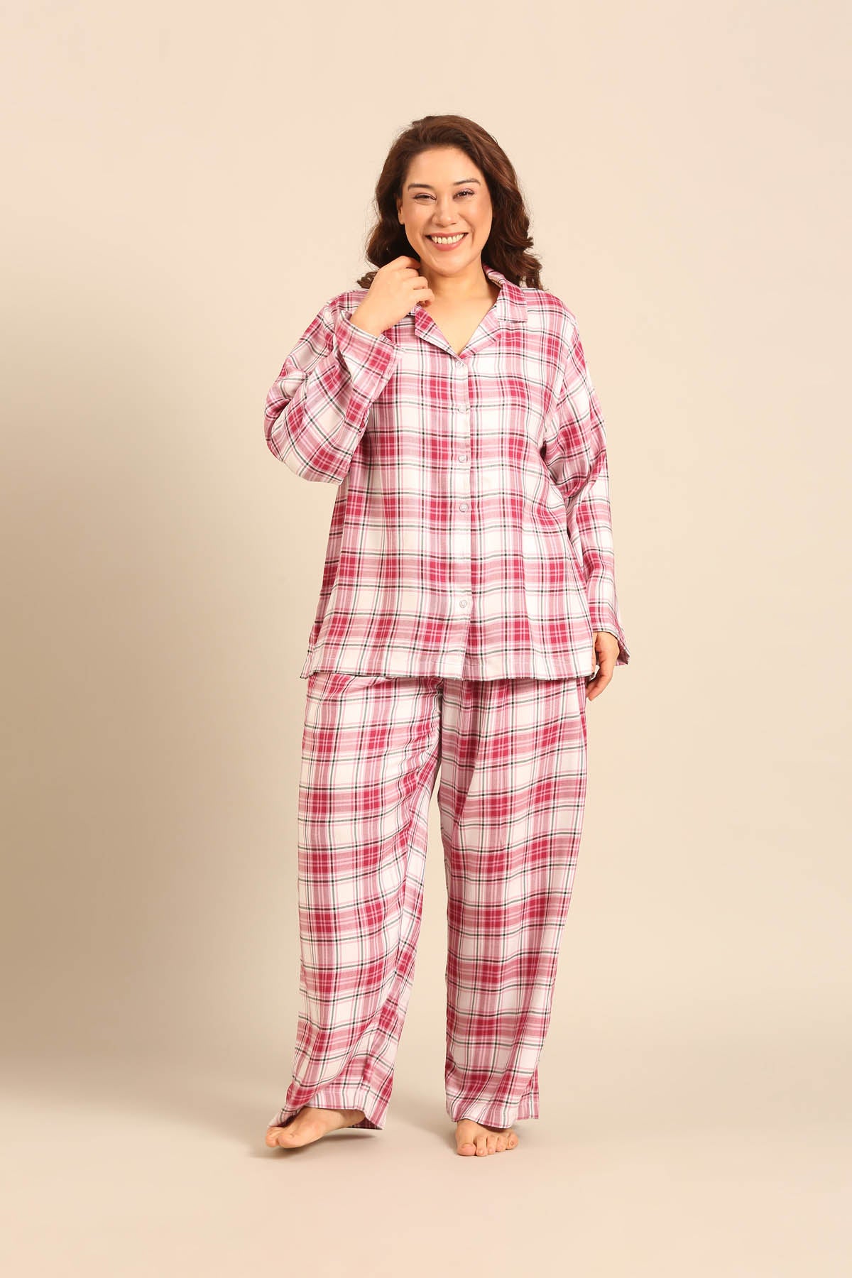 Nina Check Viscose Twill Women's Curve Pajama Set - Full Sleeves