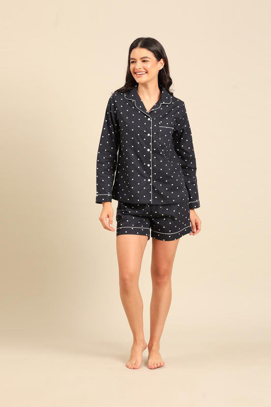Navy Polka Cotton Blend Women's Shorts Set - Full Sleeves