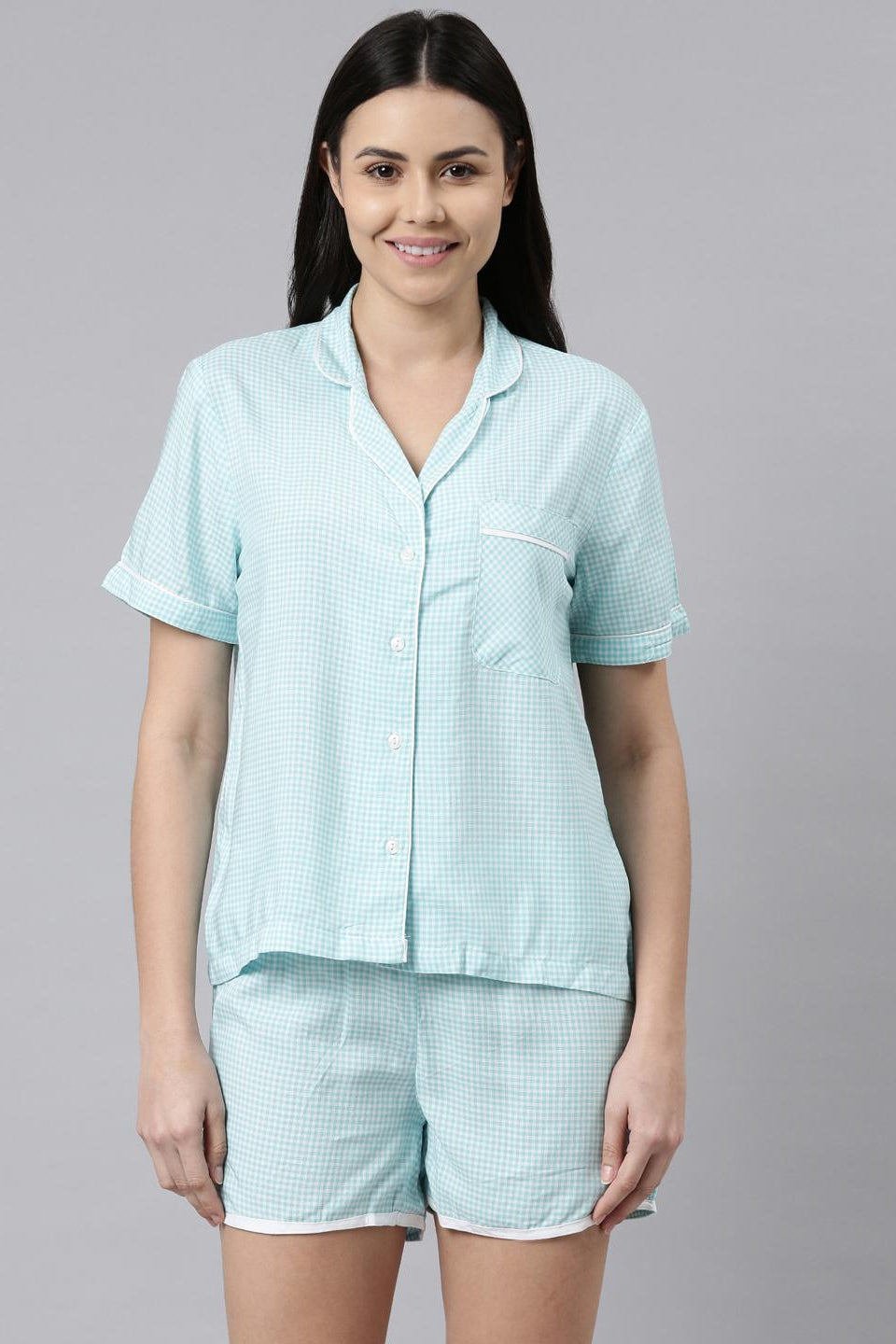 Aqua Checked Cotton Women's Shorts Set
