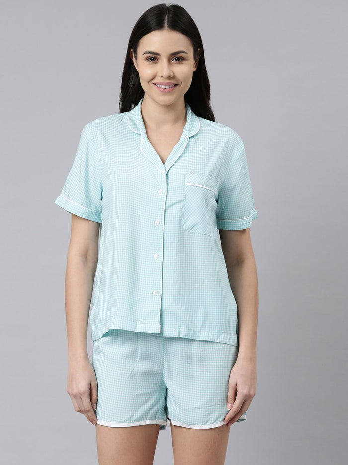 Aqua Checked Cotton Women's Shorts Set