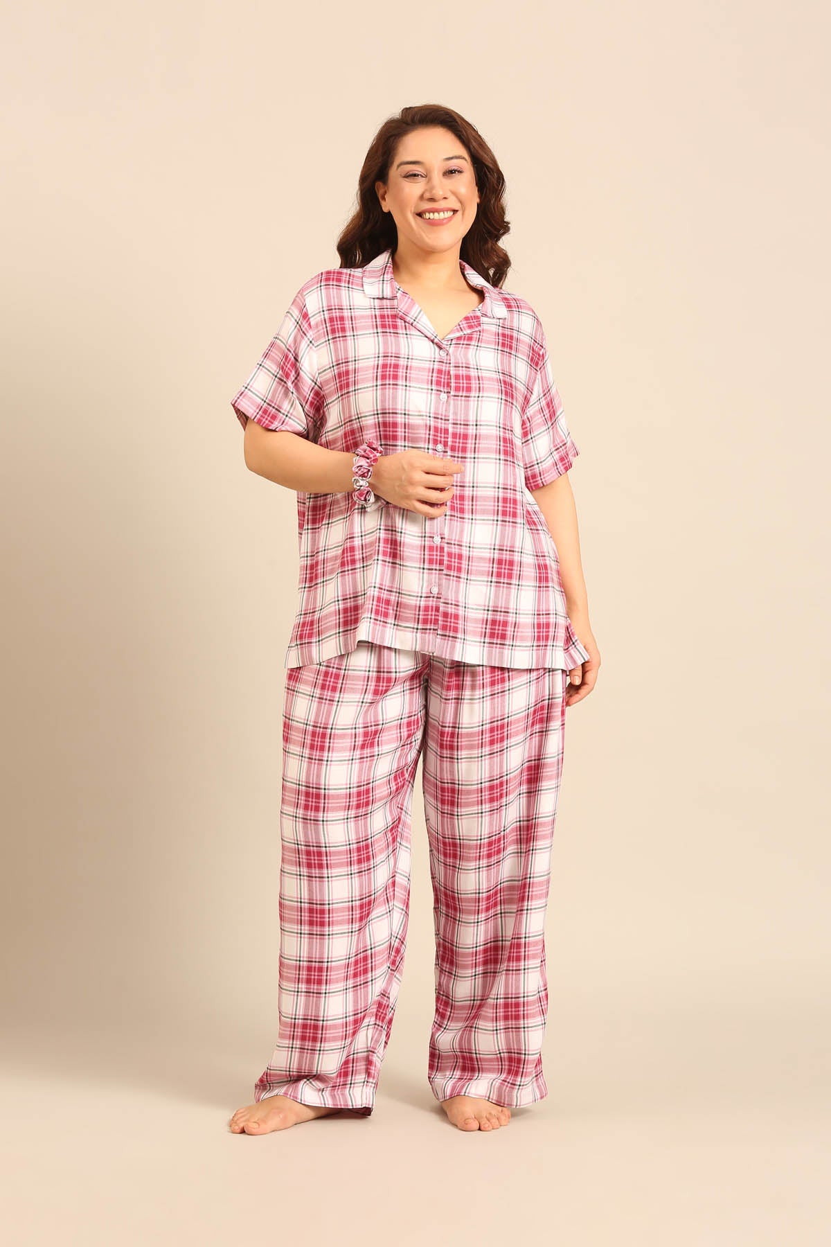 Nina Check Viscose Twill Women's Curve Pajama Set - Half Sleeves