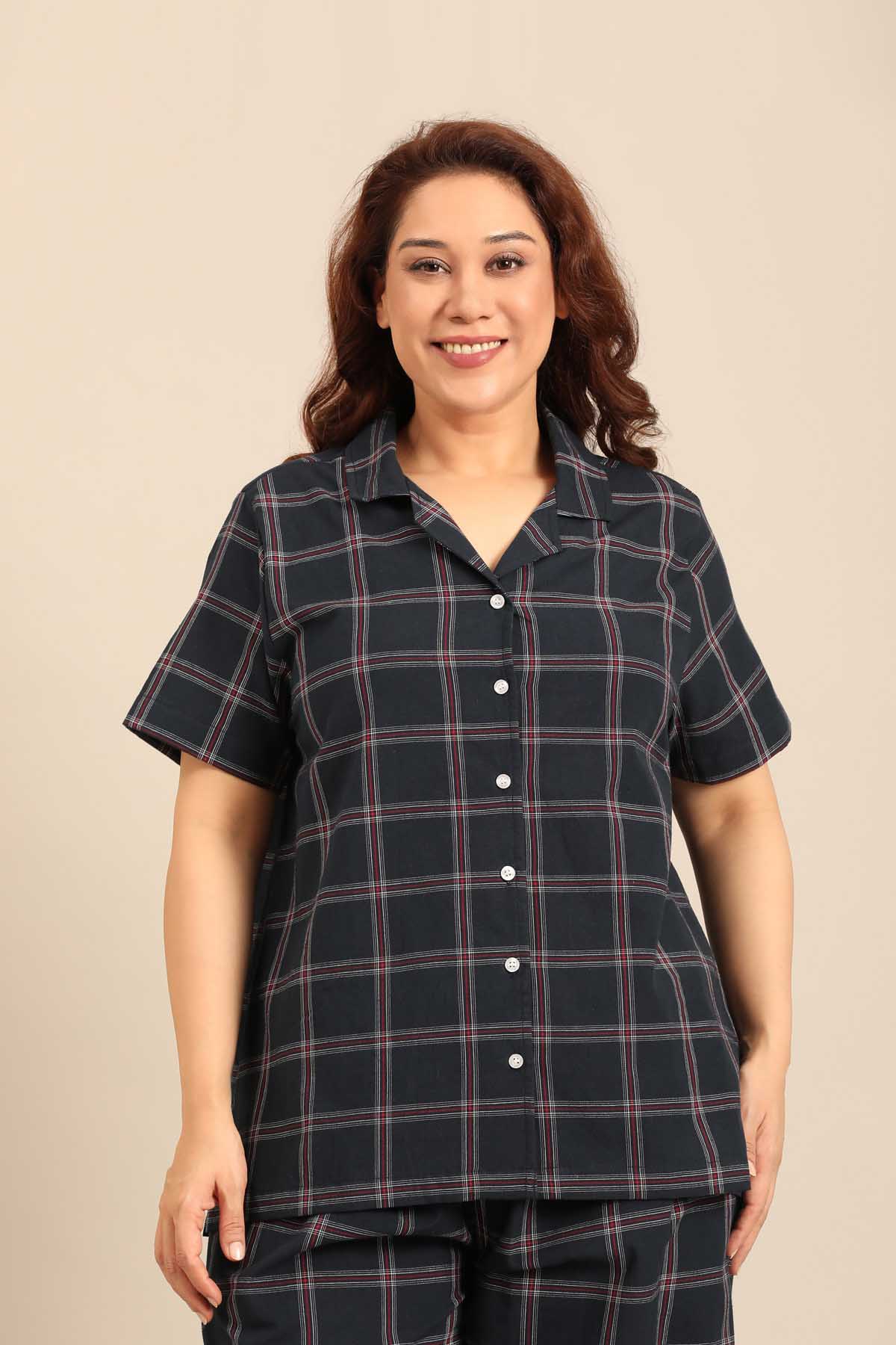 Amelia Check Cotton Blend Women's Curve Shirt Only - Half Sleeves