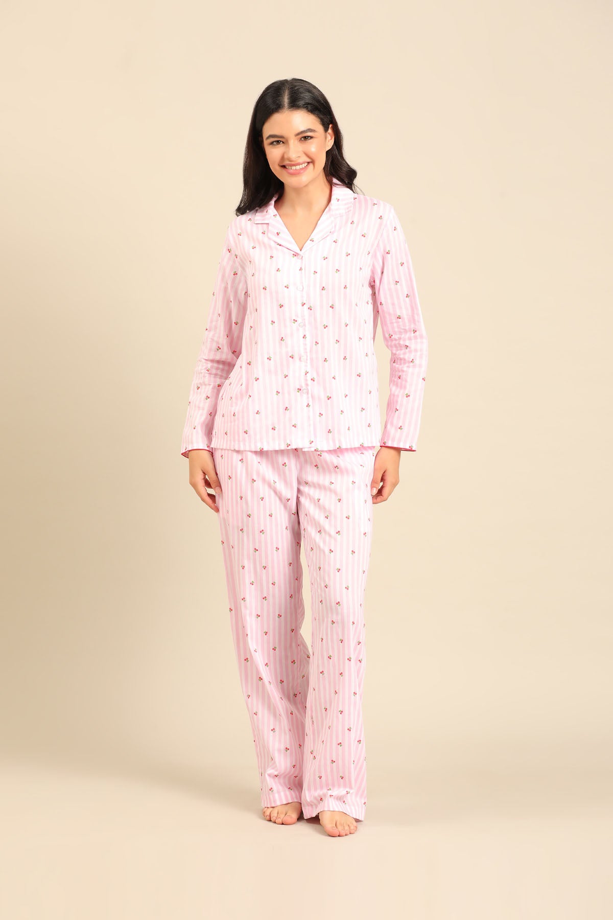 Cherry Stripe Cotton Women's Pajama Set - Full Sleeves