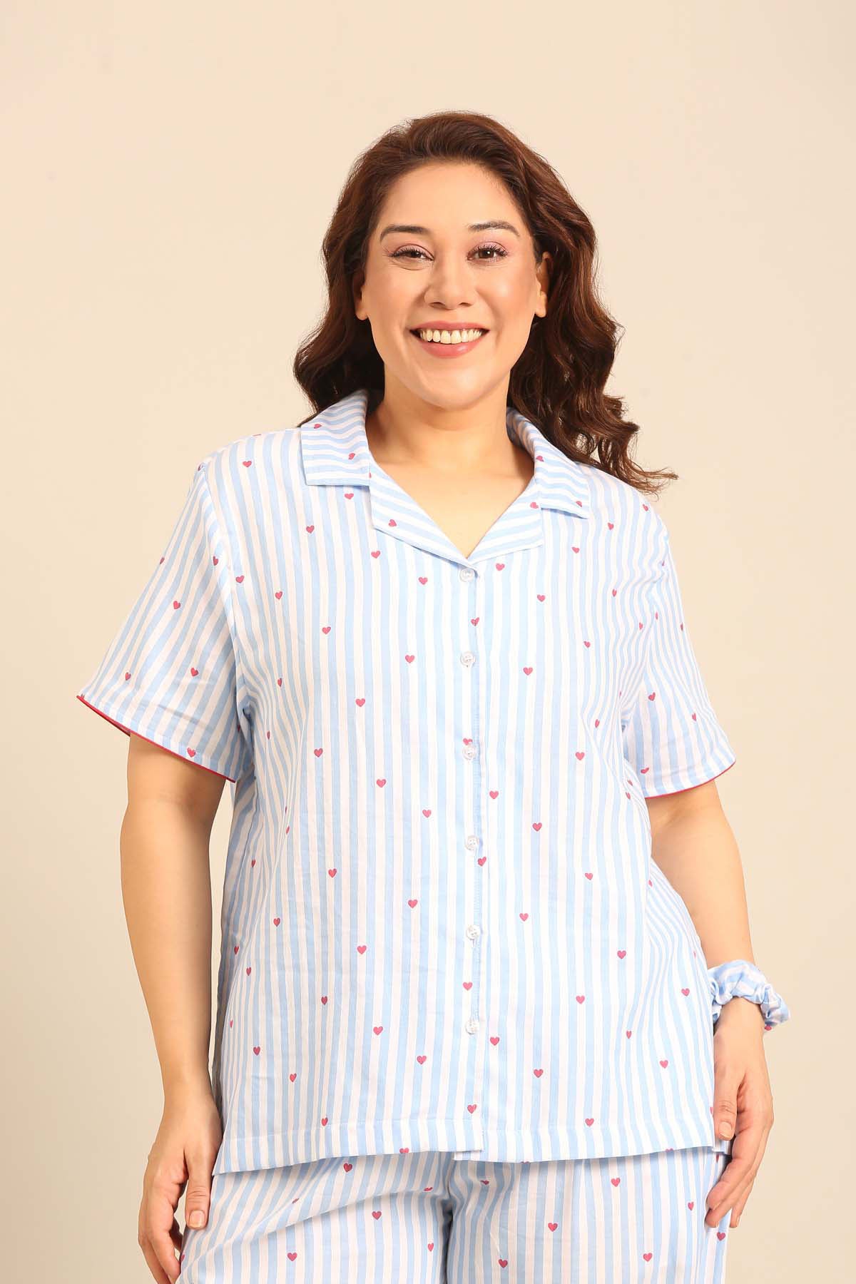 Lola Heart Cotton Twill Women's Curve Pajama Set - Half Sleeves