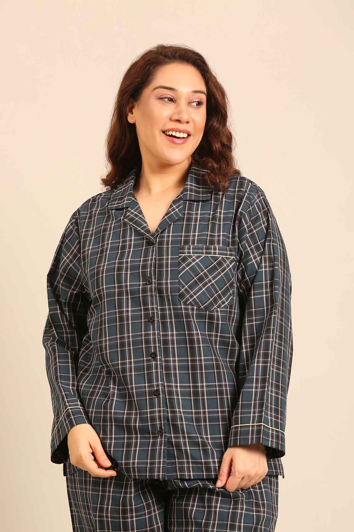 Charlotte Check Cotton Women's Curve Pajama Set - Full Sleeves