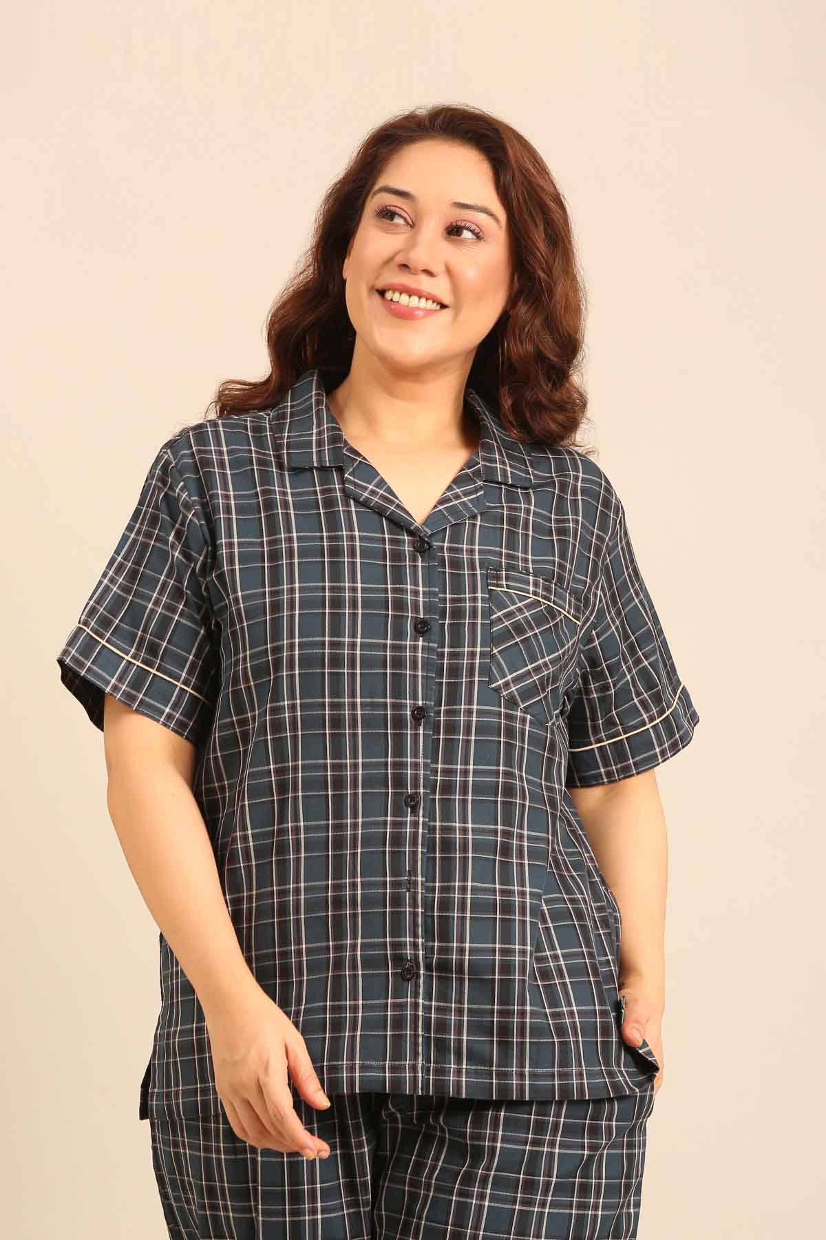 Charlotte Check Cotton Women's Curve Pajama Set - Half Sleeves