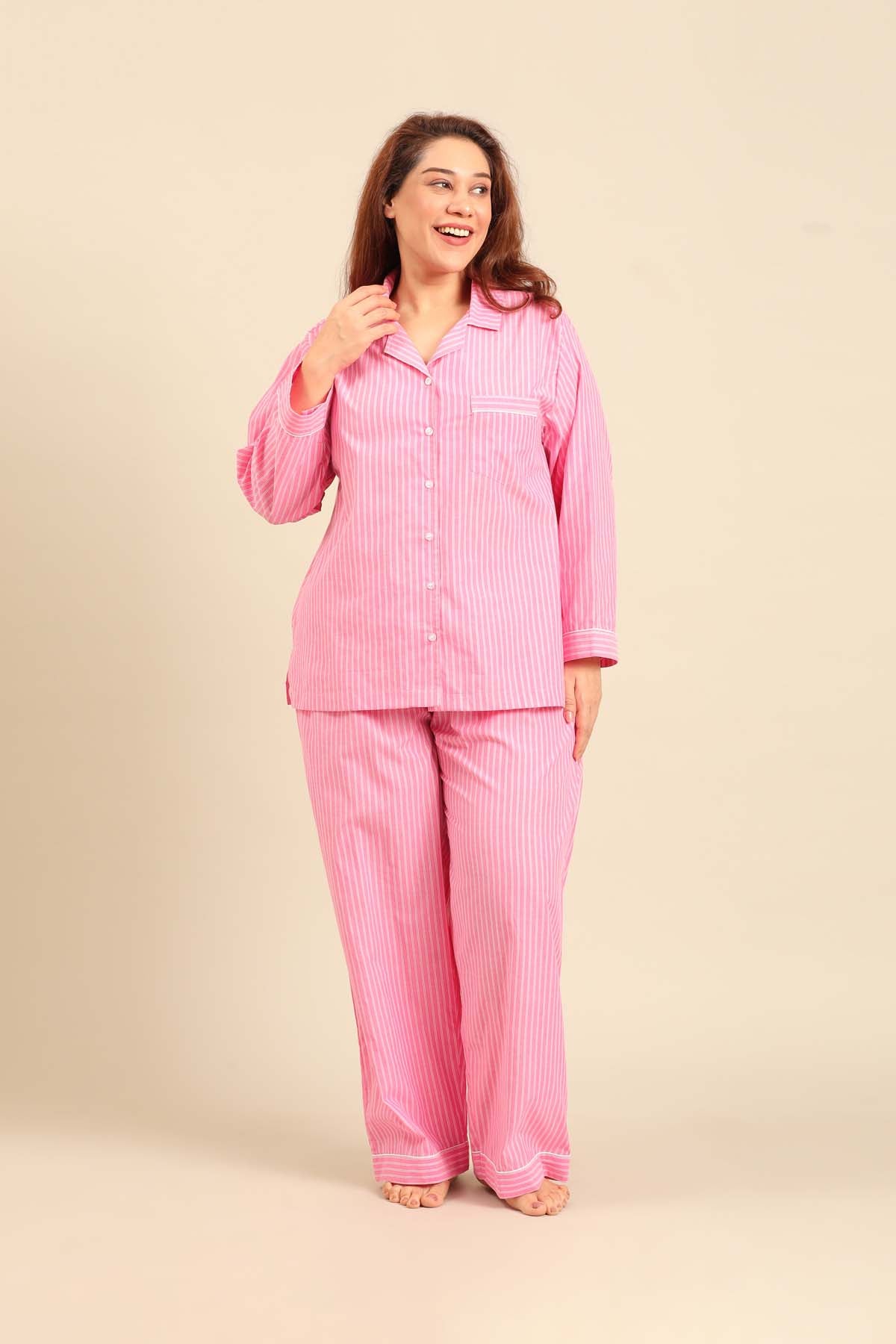 Miranda Stripe Cotton Women's Curve Pajama Set - Full Sleeves